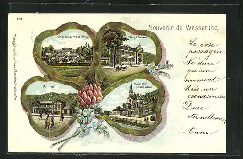 Passepartout-AK Wesserling, Chateau, Bahnhof, Kaiserl. Postamt, Maria Hilf-Kapelle, Kleeblatt