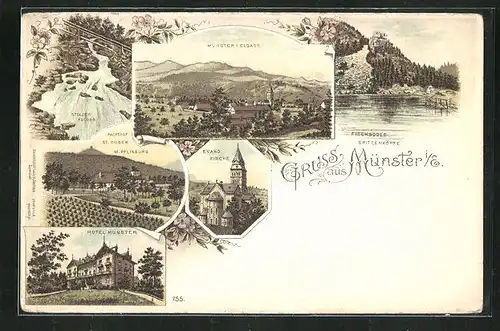 Lithographie Münster i. E., Evang. Kirche, Hotel Münster, Pachthof St. Gilgen, Pflixburg, Stolzer Abfloss, Fischbödle