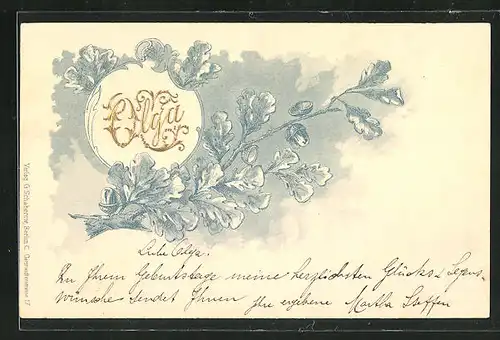 Präge-AK Namenstag Olga in goldener Schrift und Eichenblättern