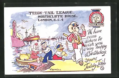 AK Comicfigur Teddy Tail mit Fernrohr im Hafen, Happy Birthday Greetings