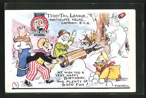 AK Comicfigur Teddy Tail schiesst mit einer Schneeball-Kanone, Happy Birthday Greetings