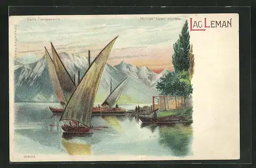 AK Lac Leman, Segelboote vor Bergpanorama, Halt gegen das Licht
