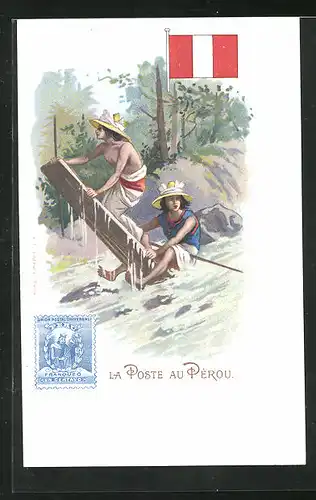 AK Peru, Einheimische am Fluss, Briefmarke, Flagge