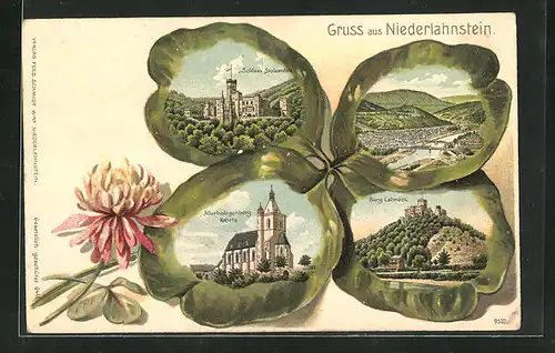 Präge-Passepartout-Lithographie Niederlahnstein, Burg Lahneck, Allerheiligenberg Kapelle Schloss Stolzenfels