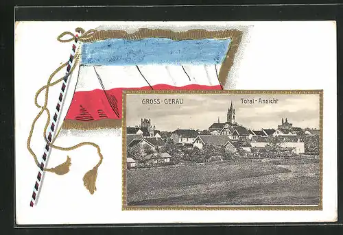 Präge-Passepartout-Lithographie Gross-Gerau, Totalansicht und Flagge