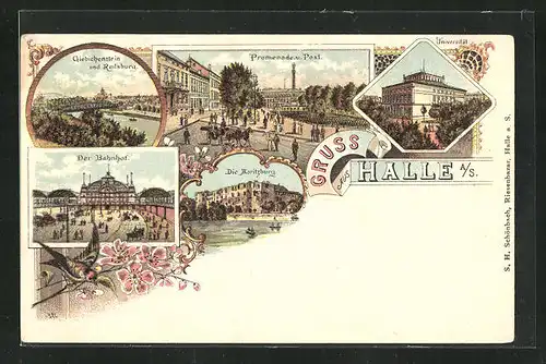 Lithographie Halle a. S., Promenade und Post, Giebichenstein, Bahnhof und Universität