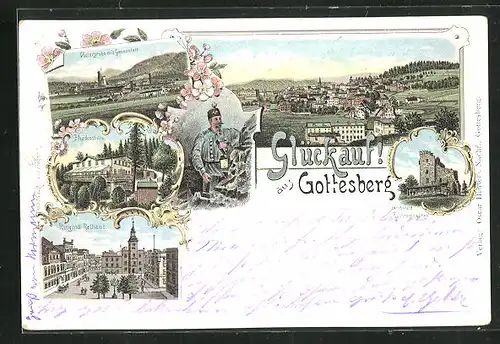 Lithographie Gottesberg, Ring mit Rathaus, Victoriagrube mit Gasanstalt, Friedenshöhe