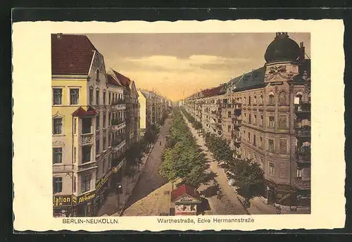 AK Berlin-Neukölln, Warthestrasse Ecke Hermannstrasse mit Geschäften