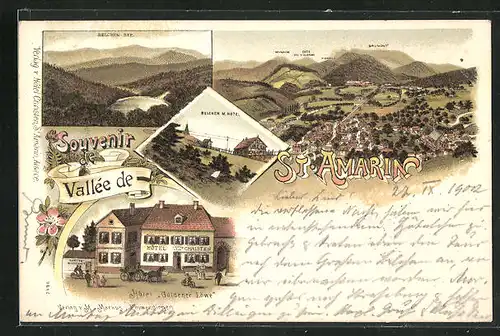 Lithographie St. Amarin, Hotel Goldener Löwe, Belchen mit Hotel, Ortsansicht