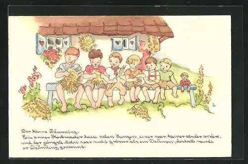 Künstler-AK Liesel Lauterborn: Däumling, Kinder sitzen auf einer Bank vor dem Haus, Märchen