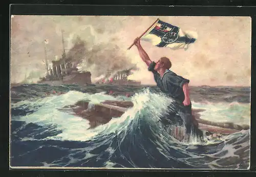 Künstler-AK Hans Bohrdt: Matrose mit Reichskriegsflagge ruft auf dem sinkenden Kriegsschiff um Hilfe