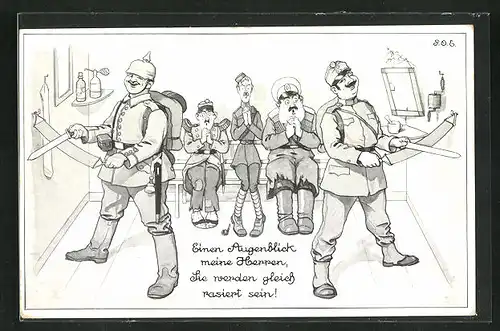Künstler-AK P. O. Engelhard (P.O.E.): Soldaten in Uniformen mit Messern, Einen Augenblick, meine Herren....