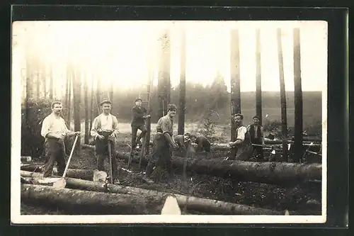 Foto-AK Forstwirtschaft, Männer beim Holzfällen im Wald