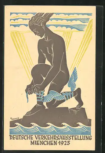 Künstler-AK M. Eschle: Muenchen, Deutsche Verkehrsausstellung 1925, Hermes, Ganzsache PP81 C5 /01