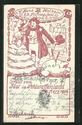Künstler-AK G. Hertting: Dresden, Fest im Schlaraffenland 1904, V. Hans Holbein, 28. Stiftungsfest