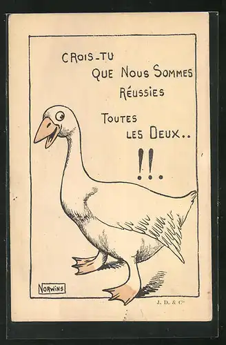 Künstler-AK Philippe Norwins: Crois-tu que sous sommes réussies toutes les deux!!, Gans, Ente