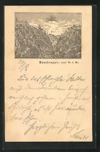 Vorläufer-Lithographie Ganzsache PP6F118 /014: Thale, 1889, Der Sprung über die Rosstrappe