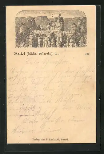 Vorläufer-Lithographie Ganzsache PP6F20: Bastei / Sächsische Schweiz, 1888, Panoramablick auf die Basteibrücke