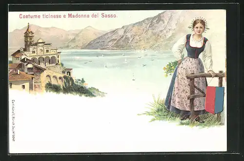 Lithographie Costume ticinese e Madonna del Sasso, Frau in schweizer Tracht mit Wappen