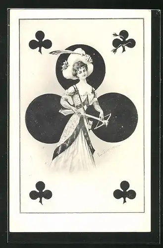 AK Kartenspiel, junge Dame mit Pfeil & Bogen, Kreuz