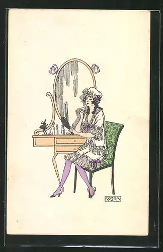 Künstler-AK sign. Robra: Junge Frau im Nachthemd bei der Morgentoilette vor dem Spiegel sitzend