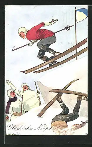 Künstler-AK Fritz Schönpflug: Rücksichtsloser Skifahrer auf der Piste wird umjubelt