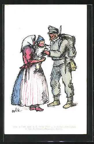 Künstler-AK sign. E. Orlik: österreichischer Soldat verabschiedet sich von seiner Frau und Tochter