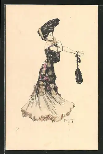 Künstler-AK Ferdinand von Reznicek: Dame im langen Kleid mit einer Tasche am Handgelenk