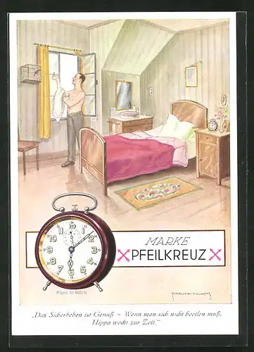 AK Wecker der Marke Pfeilkreuz auf dem Nachtisch, Art Deco