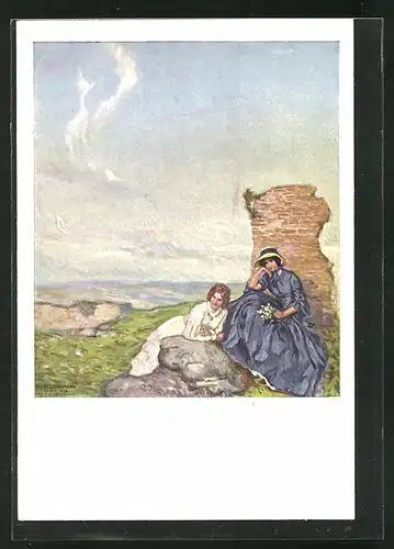 Künstler-AK Ernst Liebermann: Zwei Frauen sitzen auf einem Felsen auf einem Hügel