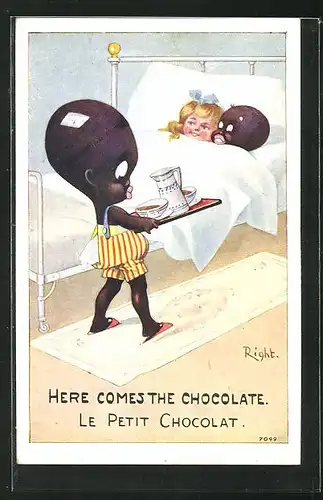 Künstler-AK Right: Here comes the Chocolate, Afrikanischer Junge bringt Pärchen Kakao ans Bett