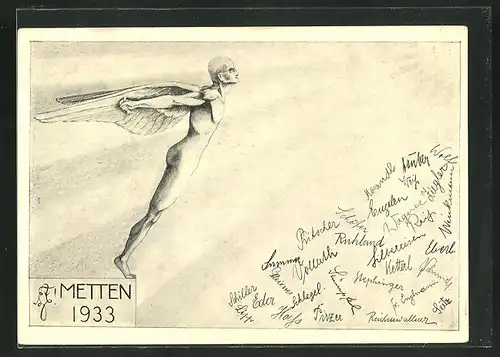 AK Metten, Absolvia1933, Mann mit Flügeln, Unterschriften der Schüler