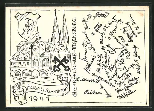 AK Regensburg, Absolvia minor 1914, Oberrealschule u. Wappen, Unterschriften der Schüler