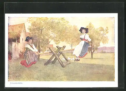 Künstler-AK sign. C. Spindler: L`escarpolette, Frauen in Trachten auf einer Wippe