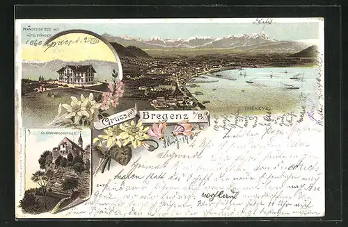 Lithographie Bregenz, Hotel Pfänder auf der Pfänderspitze, Blick auf die Stadt