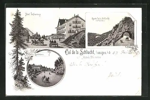 Lithographie Cole de la Schlucht, Hotel Defranoux, Route de la Schlucht, Chalet Hermann