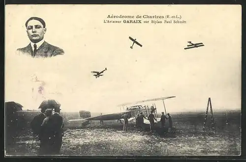 AK Chartres, Aerodrome, l`Aviateur Garaix sur Biplan Paul Schmitt, Flugzeug und Pilot
