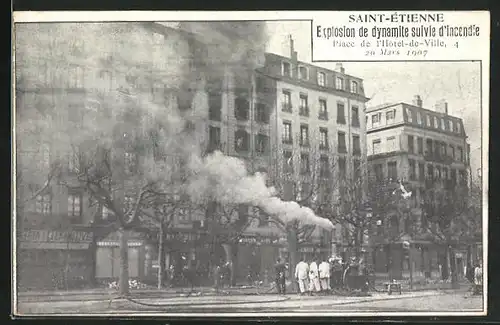 AK Saint-Etienne, Explosion de Dynamite et Incendie Place de l'Hotel-de-Ville 1907