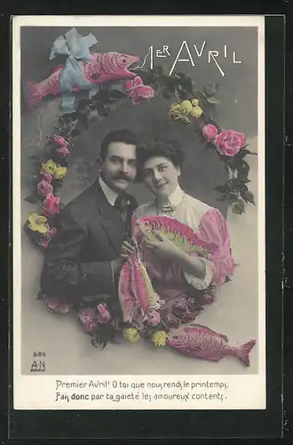 AK Paar im Blumenkranz mit Fisch in der Hand, Glückwunschkarte zum 1. April