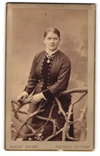 Fotografie Gustav Karsch, Dresden-Neustadt, Frau im Kleid hinter Holzzaun stehend mit Halskette und Amulett
