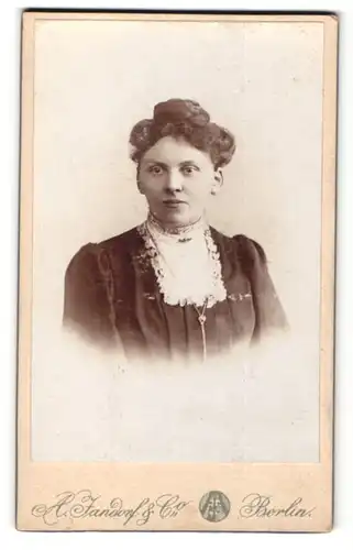 Fotografie A. Jandorf & Co., Berlin, Portrait bürgerliche Dame mit Hochsteckfrisur u. Kragenbrosche