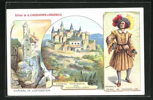 Lithographie Honau, Burg Lichtenstein, Burg Hohenzollern, Reklame für Chocolaterie d`Aiguebelle