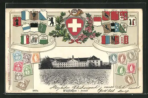 Präge-AK Wülflingen, Blick auf die Anstalt, Schweizer Kantonswappen und Briefmarken