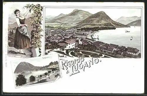Lithographie Lugano, Teilansichten, Frau bei der Weinlese