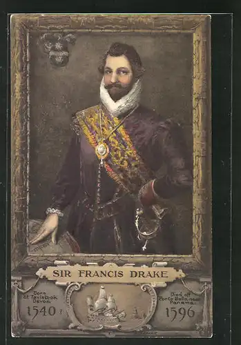 Künstler-AK Sir Francis Drake im Portrait, Segelschiff