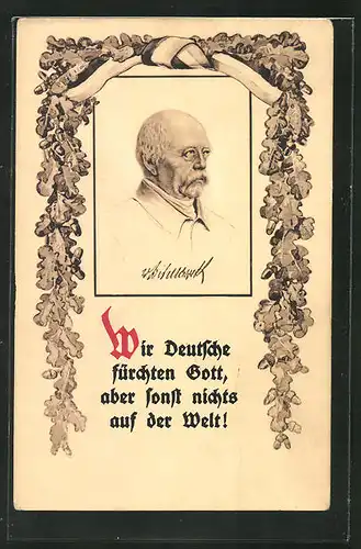 Künstler-AK Portrait von Bismarck, Vers und Eichenblättergirlande