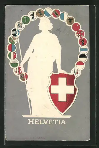 Präge-AK Schweiz, Helvetia mit Wappen