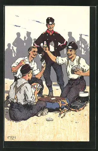 Künstler-Lithographie Carl Moos: Schweizer Soldaten in Uniformen mit Kartenspiel, Grenzbesetzung 1914