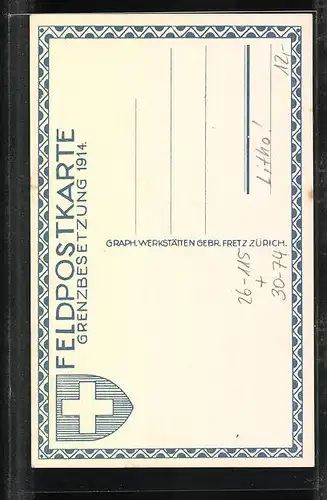 Künstler-Lithographie Carl Moos: Schweizer Soldaten in Uniformen mit Kartenspiel, Grenzbesetzung 1914