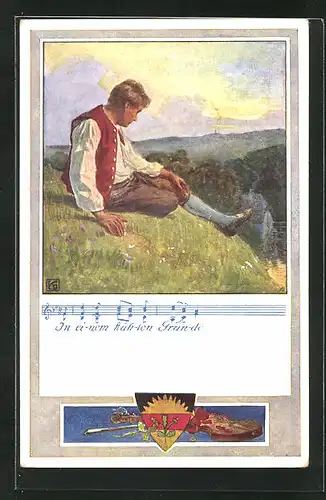 Künstler-AK Karl Friedrich Gsur: Deutscher Schulverein Nr. 371: Lied: In einem kühlen Grunde, Mann sitzt auf einem Hügel